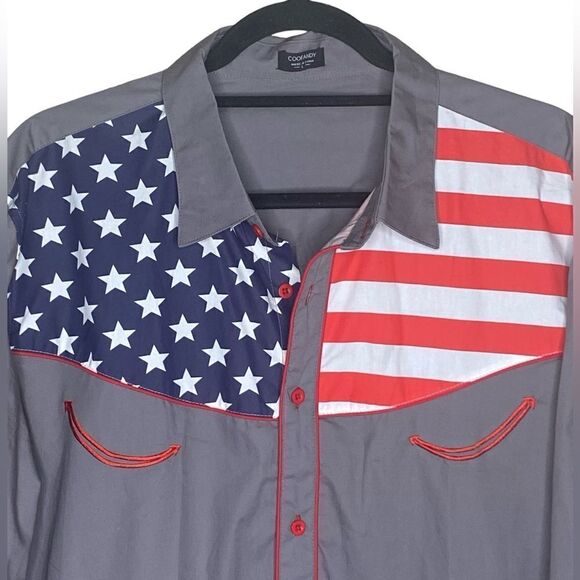 COOFANDY Men's Sz Lrg Gray American Flag Slim Fit Button Down Shirt - Picture 2 of 4